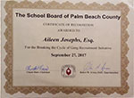 Certificado de Reconocimiento por parte del Distrito Escolar del Condado Palm Beach.